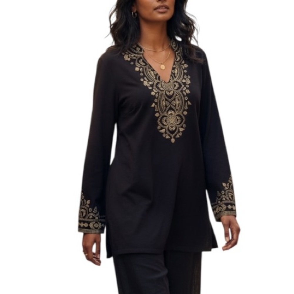 NorthStyle Large Black Gold Embroidered Long Sleeve Tunic Ethnic Modest